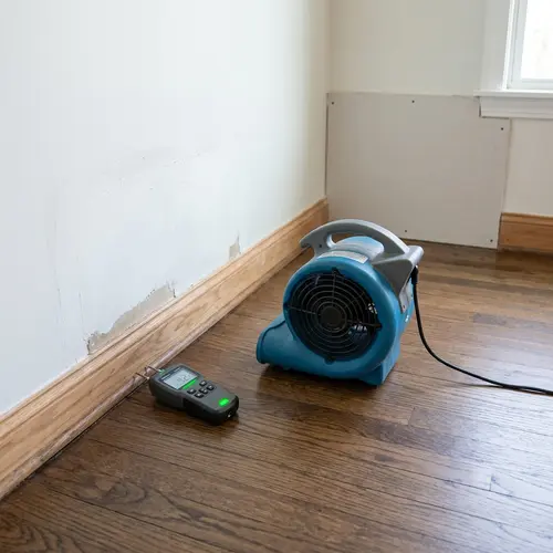 Air mover and moisture meter on hardwood, water and fire damage restoration in Southeast Michigan