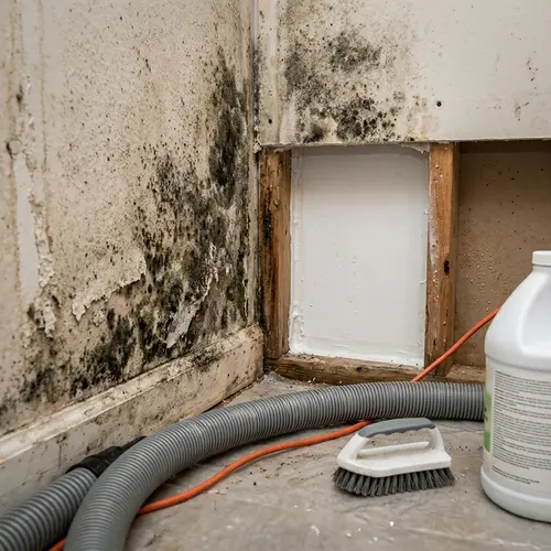 Black mold on a wall corner opened up, with a hose and scrub brush, water and fire damage restoration in Southeast Michigan
